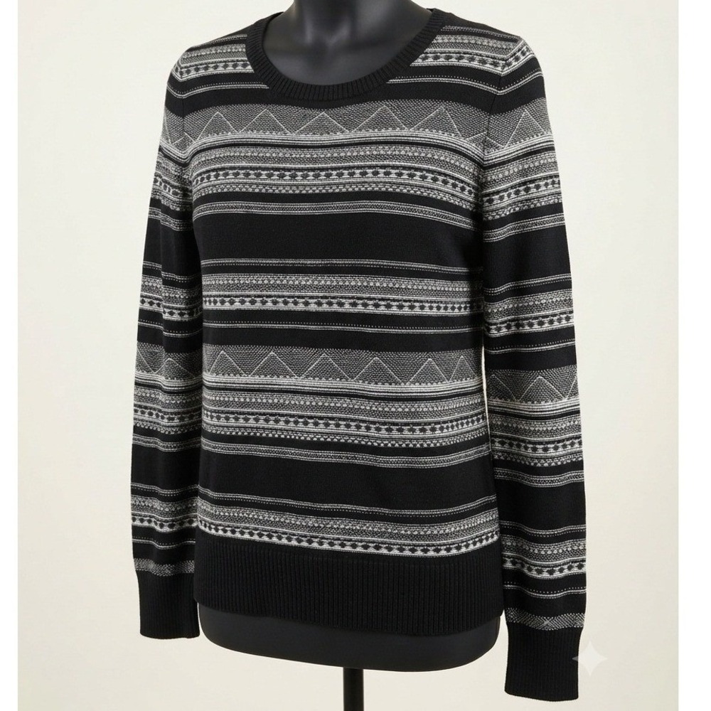 Merona Womens Black White Fair Isle Geometric Knit Pullover Sweater Size Large